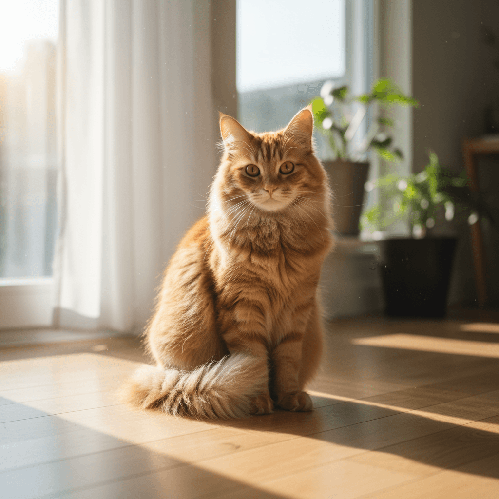 Una imagen fotorrealista de un gato peludo de color jengibre.