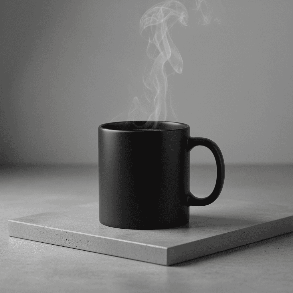 Una fotografía de producto de alta resolución y con iluminación de estudio de una taza de café de cerámica minimalista…