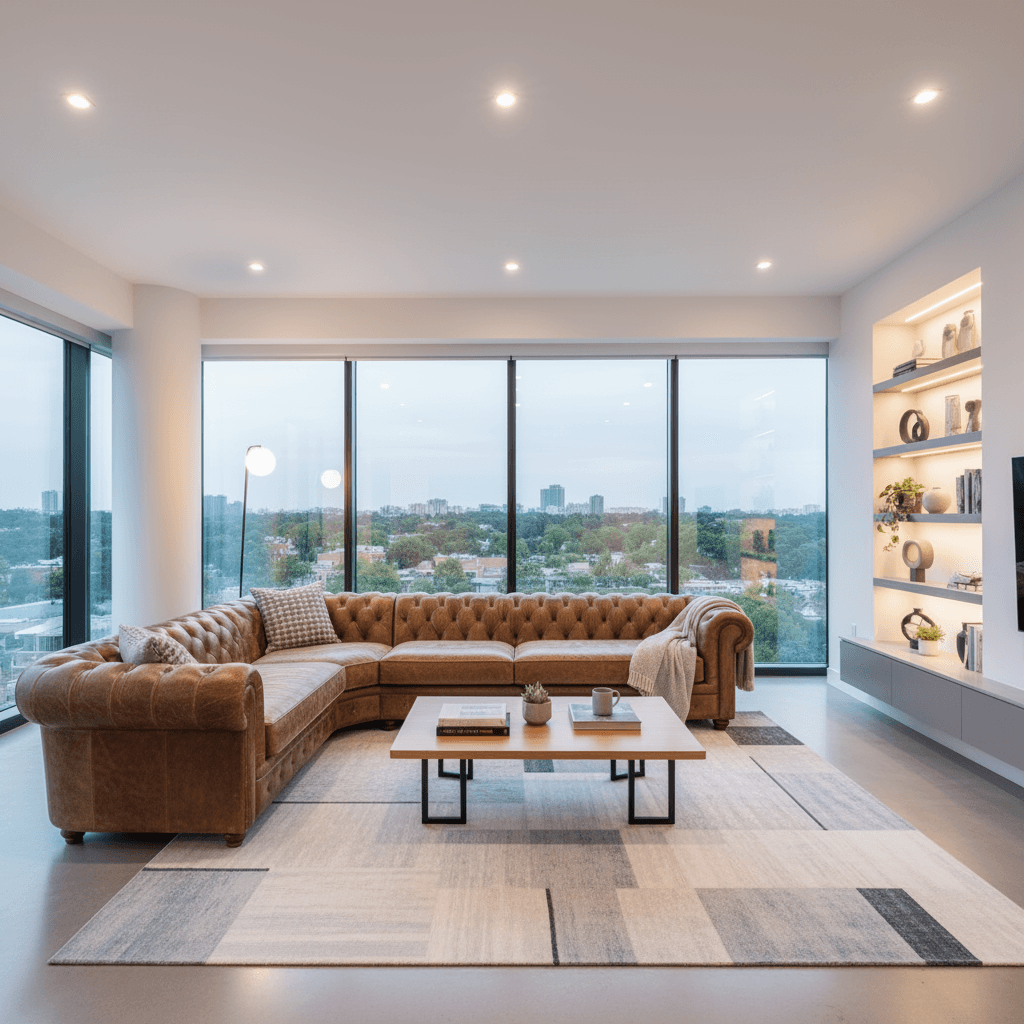 Usando la imagen proporcionada de una sala de estar, cambia solo el sofá azul por un sofá Chesterfield de cuero marrón vintage…