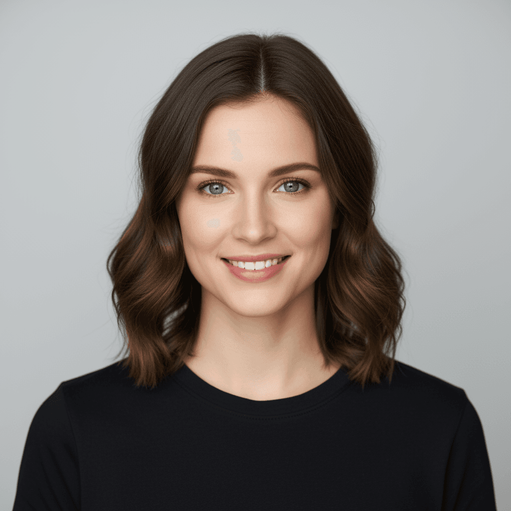 Un retrato profesional de una mujer con cabello castaño y ojos azules…