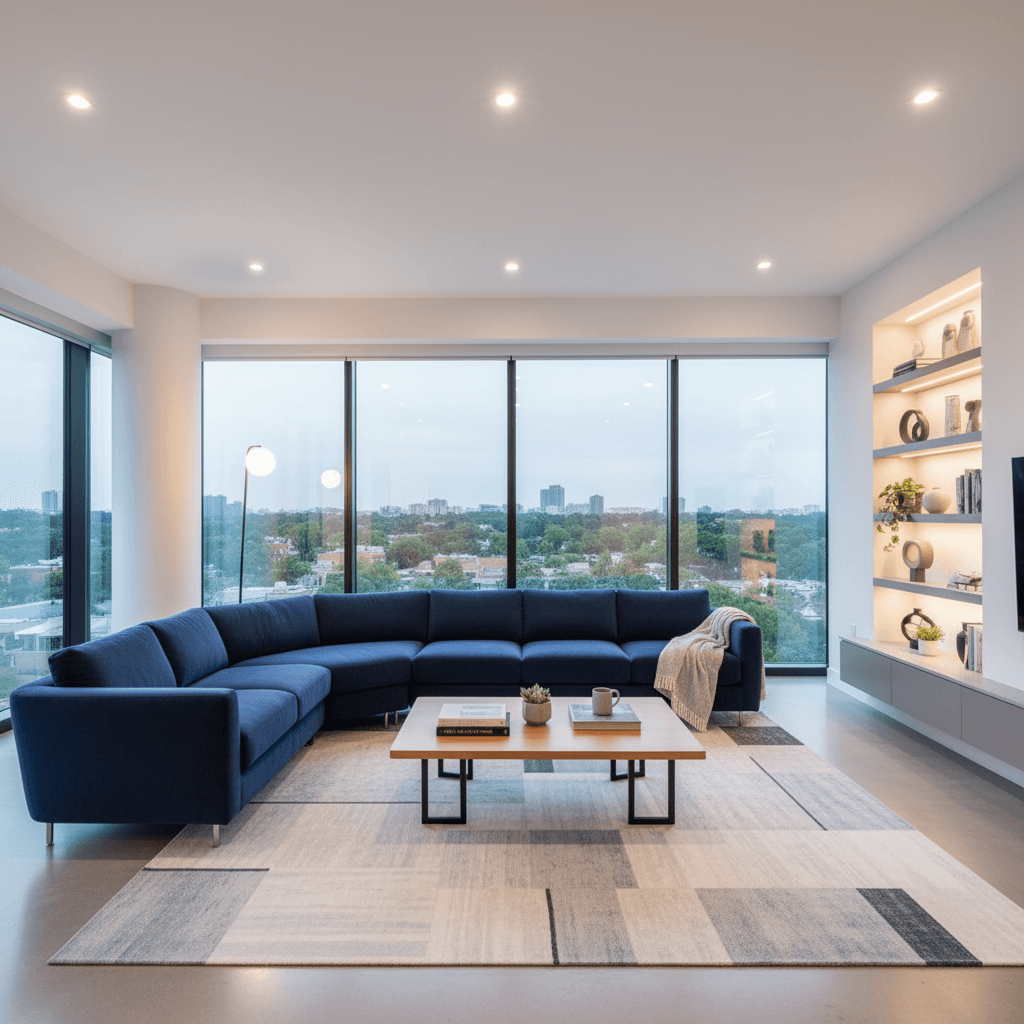 Plano general de una sala de estar moderna y bien iluminada…