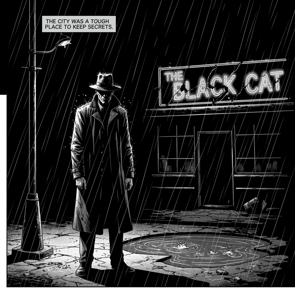 Un solo panel de cómic con un estilo de arte noir y crudo…